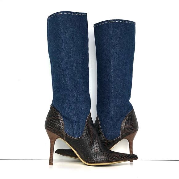Vintage Dolce and Gabbana Denim Snakeskin Tall Pointed Toe Heeled Boots 35 - Picture 3 of 9